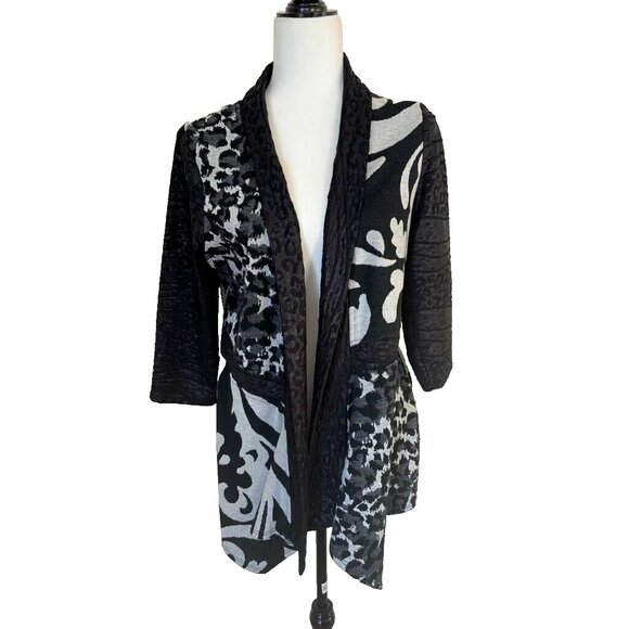 FRANK LYMAN Open Cardigan Size 14 Animal Abstract Print Black Gray 3/4 Sleeve - Picture 1 of 7